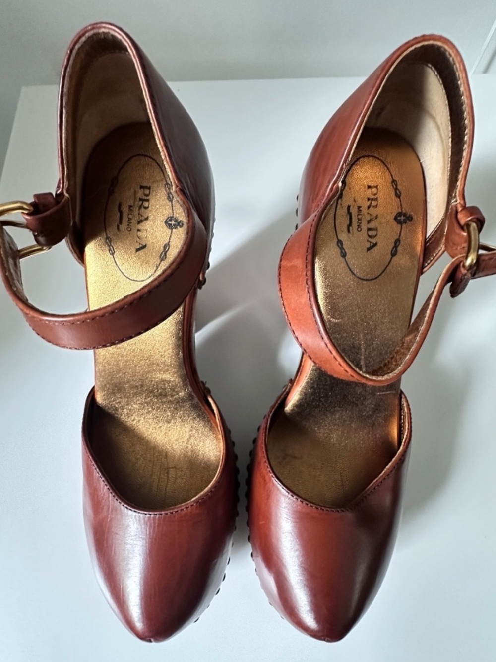 Prada Women's Platform Studded Leather Heels Sandals Turtle Size 37/5